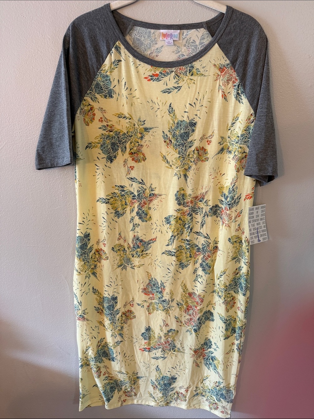 LuLaRoe Yellow Floral Midi Dress with Gray Raglan Sleeves